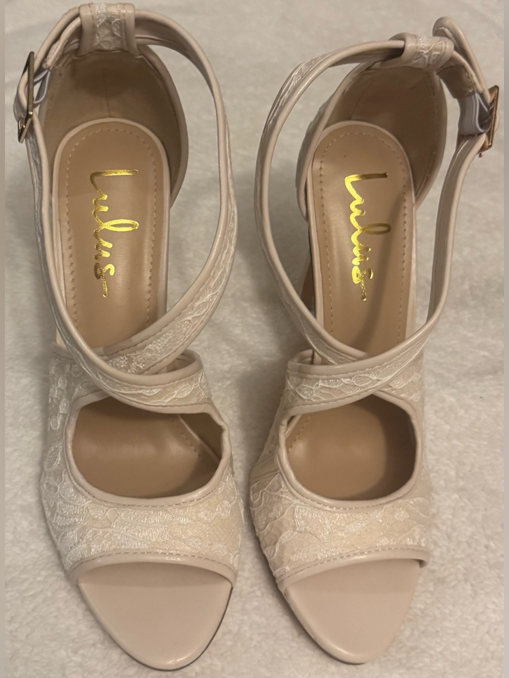 Lulu's Ivory Lace Cross-Strap Peep-Toe Heels